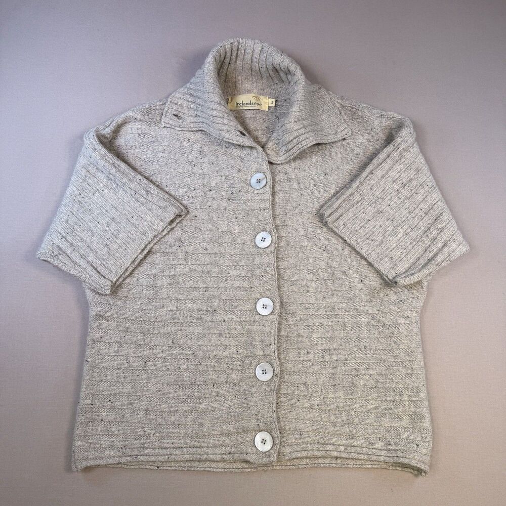 Irelands Eye Knit Cardigan Sweater Women Gray Wool/Cashmere Ribbed Small Tan
